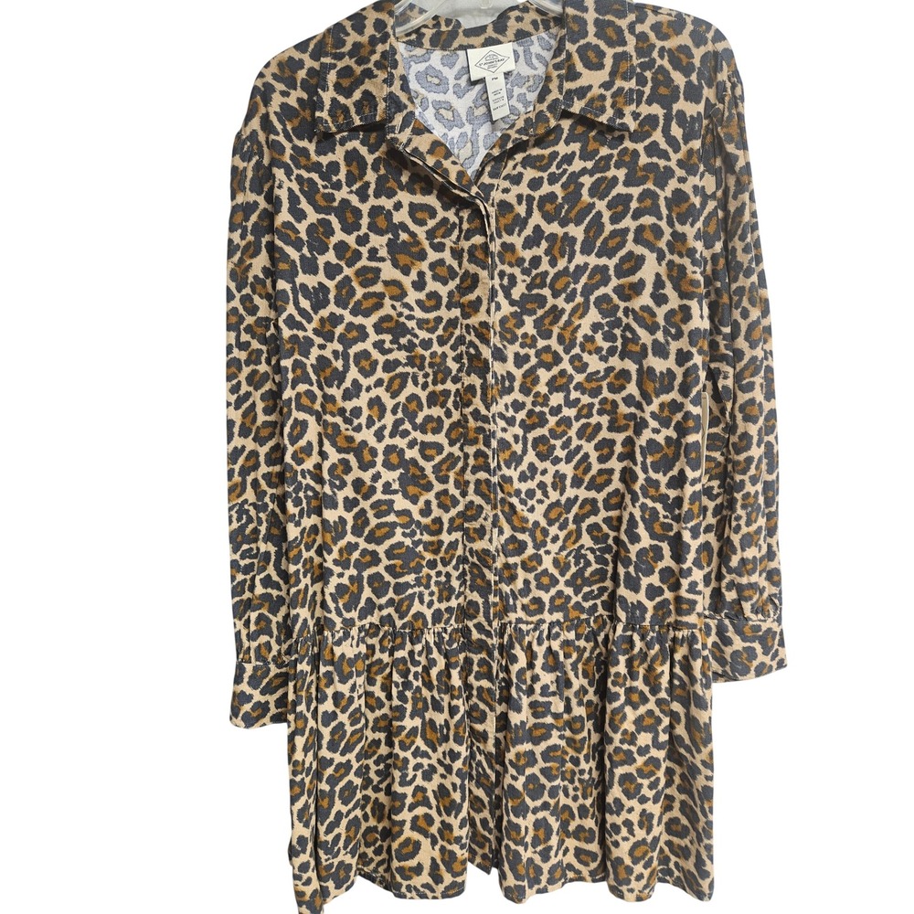 St. John's Bay Womens Leopard Print Button Front Ruffle Hem Shirt Dress PM New